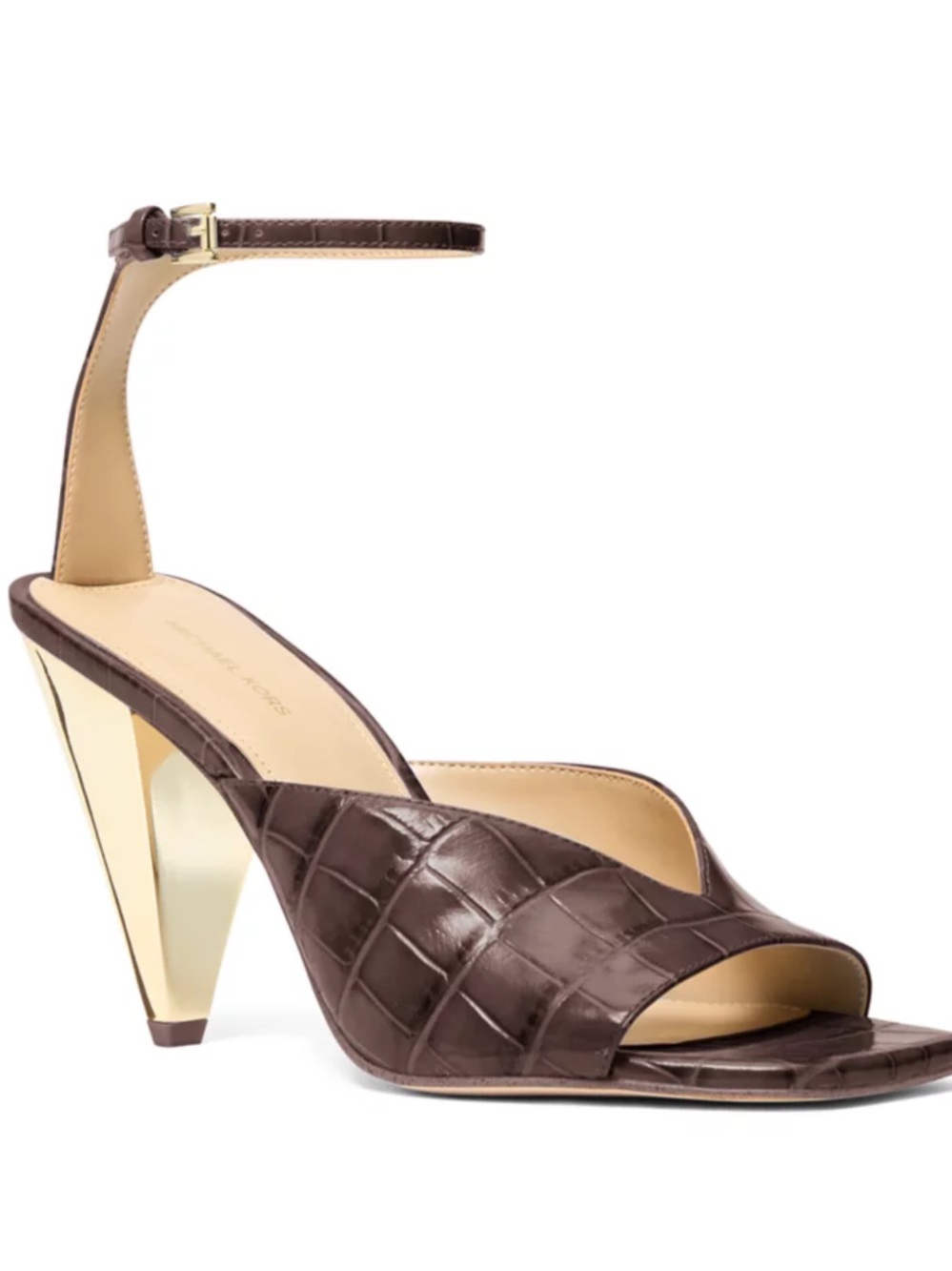 Michael Kors Chocolate Croc-Embossed Ankle-Strap Heels with Gold-Tone Cone Heel